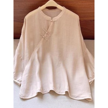 涂涂國風【靜心小衫】原創設計新中式夏季禪意斜紋苧麻盤扣小衫