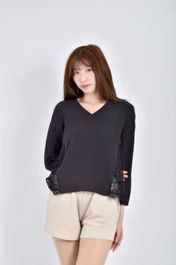 (M) 23区 Vingt trois arrondissements質感棉質蕾絲雕花黑色長袖上衣