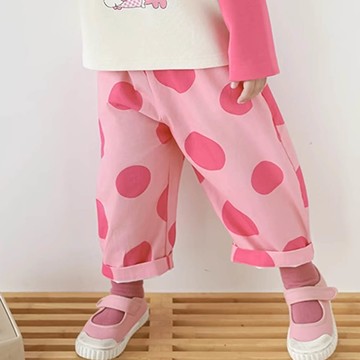 TONGMO - 純棉腰鬆緊休閒長褲-滿滿圓圈-粉色