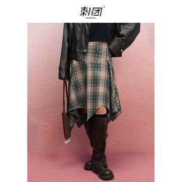 刺團HEDGEROLL 冬季復古格子半身裙 拼接不規則大擺純棉a字傘裙