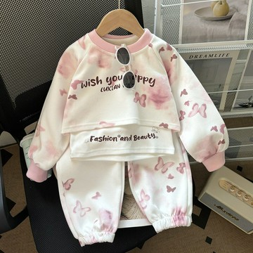 秋季女童韓版套裝棉質三件套洋氣中大童女寶童裝紮染百搭公主風(鑫弘-萌寶童裝)可開發票