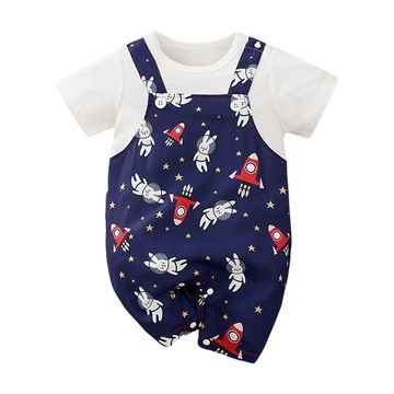 JoyNa - 棉質短袖包屁衣 短袖嬰兒服-宇航吊帶兔