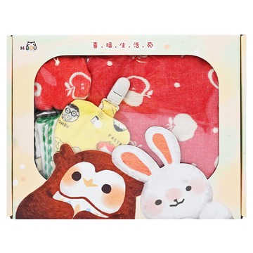 HiBOU 喜福 蘋安彌月禮盒 平安小蘋果 寶貝平安長大  防踢被(38 x 58cm)+圍兜兜(19 x 38.5cm)+紗布巾(25 x 25)+福袋(7.5 x 8.5c)