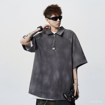 M-8XL 臺灣出貨 polo衫 短袖 男 夏季 半拉鏈紮染臟臟半袖水洗做舊美式重磅設計感T恤 SZYJ