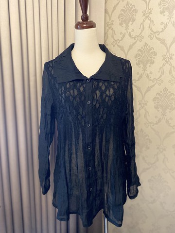 翻領放射狀刺繡透膚古著罩衫上衣