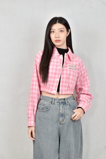 (XS（含）以下) miu miu粉色短版格紋外套