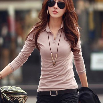 2025春裝新款帶領女士polo衫長袖t恤純棉有領體恤翻領上衣打底衫