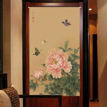 協貿-中式玄關風水透氣棉麻蝶戀牡丹布藝門簾