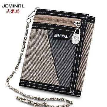 杰米路男士復古休閑三折短款帆布小錢包學生拉鏈硬幣零錢夾防盜鏈