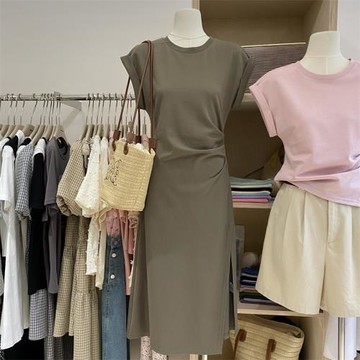抽褶收腰下擺開叉t恤裙女2024夏季新款百搭中長款修身顯瘦連衣裙