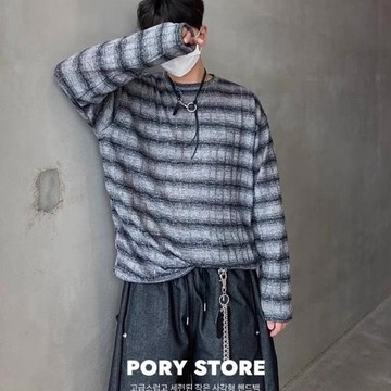【PORY STORE】韓系復古條紋針織長袖 網眼 做舊 舒適 薄長袖 韓系 實拍 男生 針織上衣 針織毛衣 毛衣