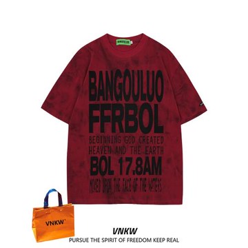 VNKW網點印花復古酒紅色短袖T恤男美式潮牌寬松重磅做舊情侶上衣