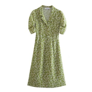 WMDR女款百搭歐美風R4603女法式休閑印花翻領短袖連衣裙