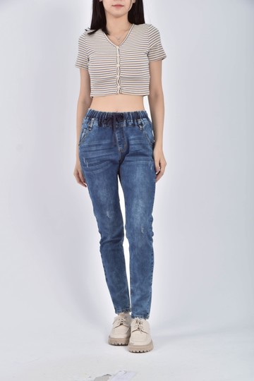 (M) 丹寧牛仔棉質鬆緊腰藍色長褲