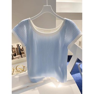 超好看藍色條紋短袖T恤女2025年夏季設計感小眾冰絲針織正肩上衣
