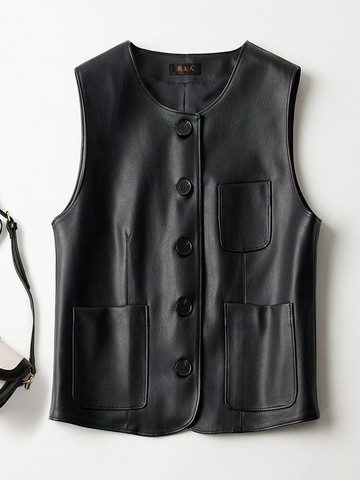 海寧真皮皮衣馬甲女2024春秋時尚百搭修身短款無袖綿羊皮背心外套