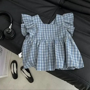 女孩夏季新款洋氣格紋飛袖短袖襯衫女寶寶森繫襯衫兒童飛飛袖上衣 短袖上衣兒童夏裝 女童衣服 中小童短袖T恤 韓版上衣