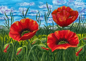Scarlet poppies in the Tuscany valley. Painting Gouache.