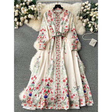 復古宮廷風連衣裙女裝春秋新款法式立領單排扣燈籠袖收腰大擺長裙