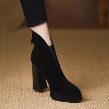 熊大叔手工女鞋~10.5cm~高跟粗跟短靴厚底女尖頭真皮防水臺磨砂皮