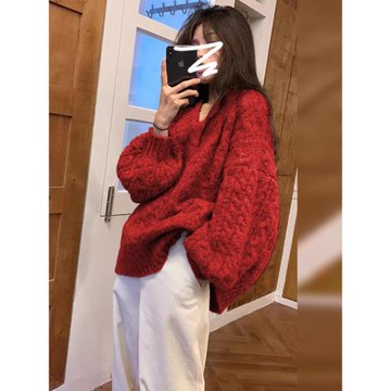 圣誕穿搭新年過年紅色毛衣女秋冬季2025新款慵懶高級感針織衫上衣