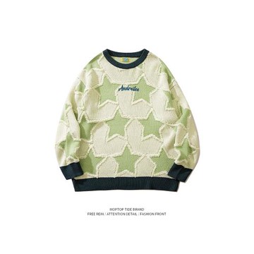 WHXS美式復古星星提花撞色針織衫男女小眾設計感情侶加絨愛心毛衣