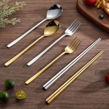 韓式304不銹鋼筷子勺子叉子餐廳主餐三件套韓國筷子金色烤肉餐具