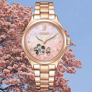 CITIZEN 星辰 Lady 限量櫻花水晶鏤空機械錶-玫瑰金x粉/34mm(PC1017-88Y)