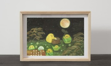 A4 賞月、搗年糕、鸚鵡、月亮、滿月、夜晚、紫芒、秋天、大自然、風景畫、虎皮鸚鵡、麻雀、雀、野鳥