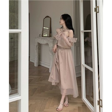 玫瑰一字領掛脖女高腰網紗長袖交叉溫柔風褶皺長裙夏季連衣裙新款