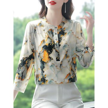 七分袖醋酸緞面襯衫女士裝春夏大碼休閑襯衣媽媽洋氣碎花中袖上衣