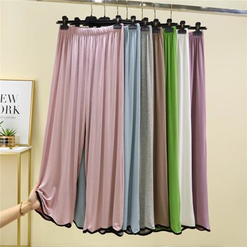 莫代爾睡褲女薄款春夏寬松休閑直筒家居長褲高腰大碼波浪邊闊腿褲