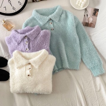 polo領毛衣打底衫女新款冬季爆款水貂毛短款長袖上衣針織衫