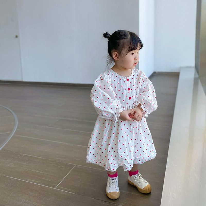 ワンピース 子供服 キッズ ベビー 女の子 長袖 バルーンスリーブ ヘンリーネック 前ボタン ふんわり バブルドレス ドット柄 水玉 おしゃれ かわい  通販 LINEポイント最大0.5%GET LINEショッピング