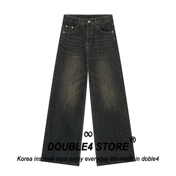【DOUBLE4】素面闊腿牛仔長褲  刷黃 直紋紋理  韓系牛仔 挺版 多口袋 牛仔寬褲 擴腿牛仔 牛仔褲男 656