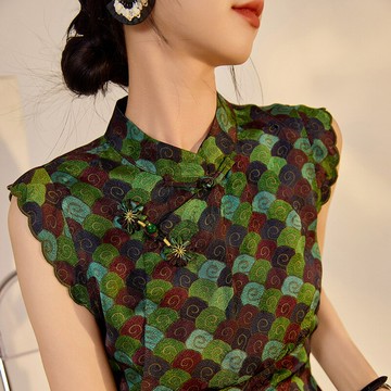 新中式修身格紋盤扣立領旗袍連衣裙2025夏季國風人絲A字裙女N5011鑫弘-素時衣櫥