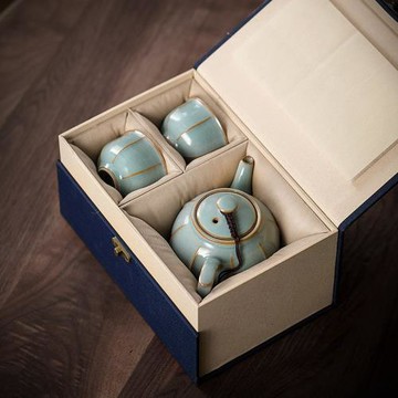 天青汝窯一壺兩杯禮盒裝二人茶具功夫泡茶壺汝瓷米黃小套禮品茶具