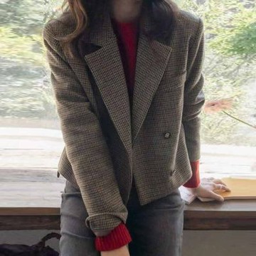 正韓外套 格紋羊毛呢短款大衣EPC1080-創翊韓都