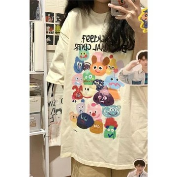 卡通短袖t恤女vintage古著大碼寬松純棉日系減齡設計感ins潮上衣