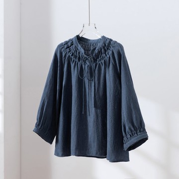 充滿手工感的縮褶罩衫 100% 亞麻 亞麻罩衫 粉色 藏青色 250810-3