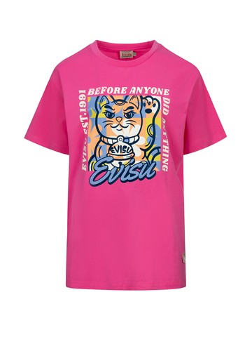 Fortune Cat Flocking with Slogan Print Boyfriend T-shirt