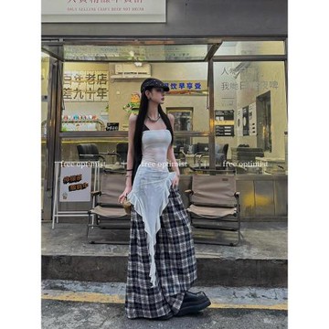 free optimist 格子休閑褲氣質辣妹風夏季新款百搭顯瘦闊腿長褲女