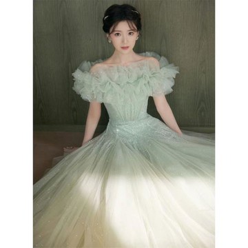 綠色晚禮服裙高端輕奢小眾森系仙女學生畢業藝考獨唱演出服高級感