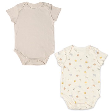 akachan honpo - 短袖套頭式速乾包屁衣-2件組 動物-淺卡其色