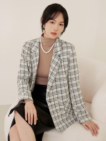格紋小香風翻領雙排釦西裝外套