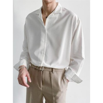 古巴領垂感長袖襯衫男輕熟風潮流寬松百搭高級感免燙休閑墜感襯衣