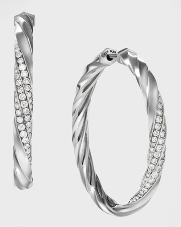 Cable Edge Hoop Earrings with Diamonds in Silver, 4mm, 1.5"L