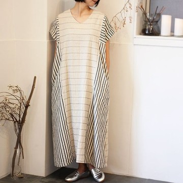 雙色條紋大麻纖維棉質連身裙【米白色】