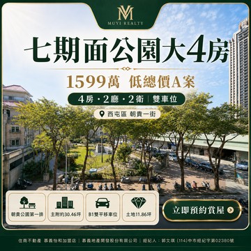 七期面公園四房雙車｜1599萬低總價置產案｜台中市西屯區朝貴一街