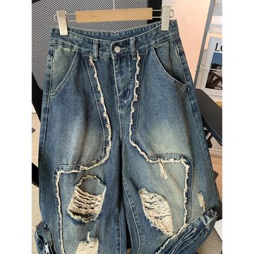 重工破洞牛仔褲男夏季美式解構設計感工裝褲潮牌大口袋直筒闊腿褲